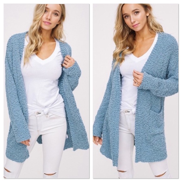 SALE! Sage Popcorn Chunky Knit Open Cardigan - Picture 5 of 6